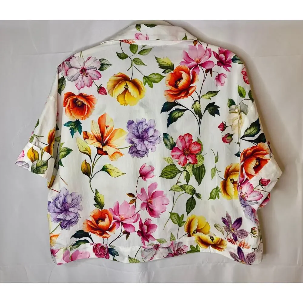 NWT Zara floral-print cropped boxy oversized short sleeves white shirt sz. XS - Picture 4 of 9